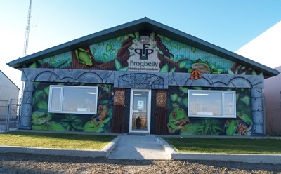 The outside front of the Frogbelly building with it's medieval frog paint job.